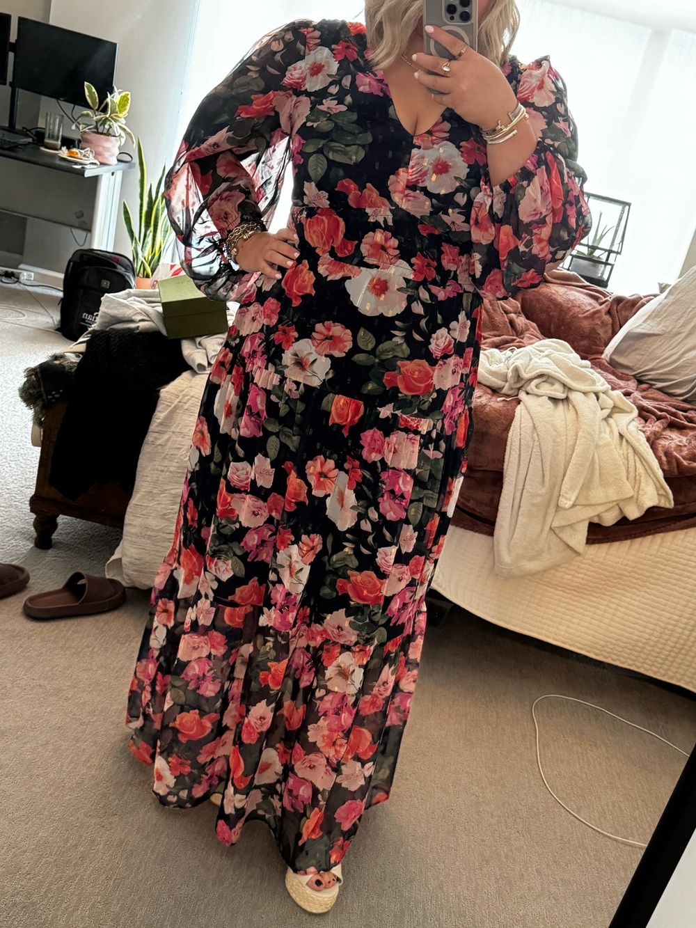 Chiffon Floral V-Neck Long Sleeve Maxi Dress - Navy Multi